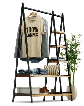 Вішалка для одягу, штанга для одягу, підставка для гардеробу, 44 x 110 x 160 см, шафа, полиця для взуття, відкрита шафа, 7 полиць, спальня, передпокій, бамбук, чорний