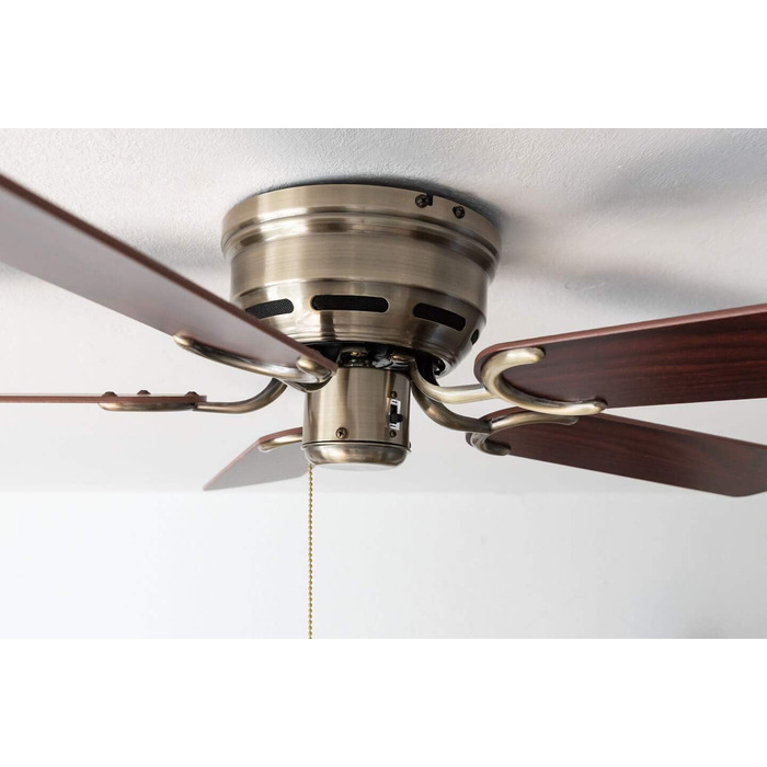 Стельовий вентилятор Kisa без підсвічування Вентилятор із тяговим перемикачем із старовинної латуні з реверсивними лопатями з рожевого та горіхового дерева, діаметр 105 см. (Колір латунь, палісандр/горіх)