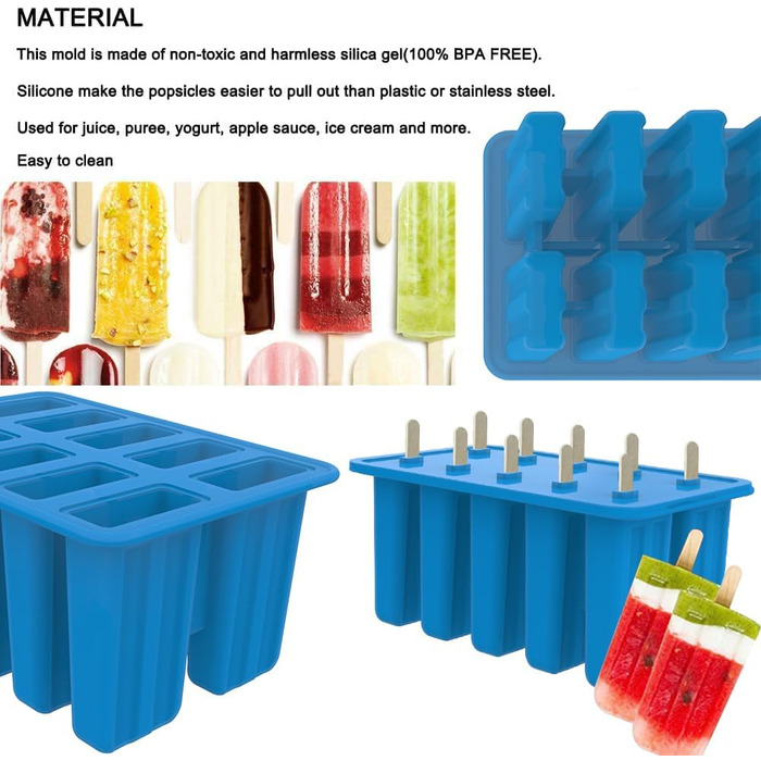 Силіконові форми для фруктового морозива, без бісфенолу А, з 50 паличками для ескімо, 50 пакетиками для ескімо, 10 багаторазовими