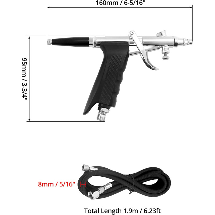Система пістолетів для аерографії - Сопла 0,3 мм 0,5 мм 0,8 мм - Стаканчик для фарби 2 куб.см 5 куб.см 13 куб.см - Довжина шланга 1,8 м