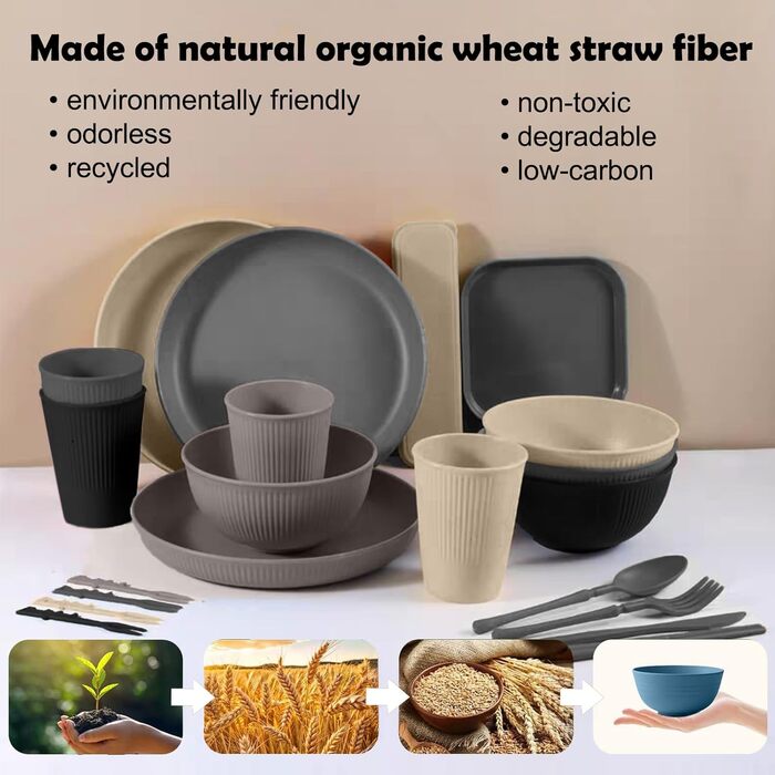 Небиткий набір посуду на 4 особи з сумкою з тканини, багаторазовий посуд для кемпінгу, пластиковий посуд для пікніка, барбекю, легкий посуд для подачі, тарілки, миски, столові прибори в комплекті