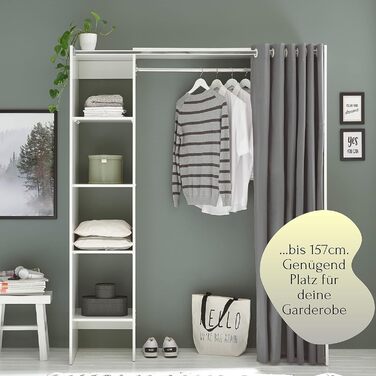 Регульована шафа JENKE біла з тканинною шторою - Універсальна шафа для всього використання з продуманим внутрішнім плануванням - 120-157 x 195 x 50 см (Ш/В/Г)