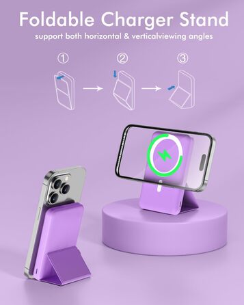 Для Magsafe powerbank, Powerbank 10000mah Foldable Magnetic Power Bank PD 22.5W Fast Charging with LED Display Compatible with Mag-Safe for iPhone 16/15/14/13/12 Pro Max/Pro/Plus-Purple