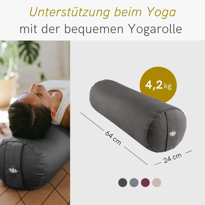 Рол для йоги Lotuscrafts Ø24 см, валик для йоги зі 100 органічним наповнювачем з полби, бавовняний чохол, що можна прати, для відновлювальних вправ йоги Інь, сертифікований GOTS, антрацит