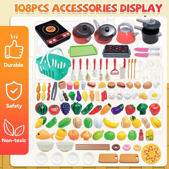 Кухонні іграшки для дітей, 108PCS Kids Kitchen Play кухонні аксесуари, харчові іграшки різання фруктів овочів рольові ігри розвиваючі іграшки, з кошиком, подарунок для дітей 3 років і старше