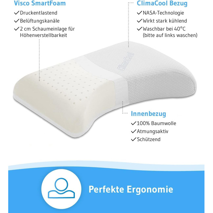 Охолоджувальна подушка VITALice Регульована по висоті подушка для шиї з піни з ефектом пам&39яті з чохлом ClimaCool Класна ергономічна подушка для сну на боці, дихаюча, ергономічна, 56x36x9,5/11,5 см
