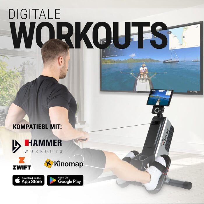 Гребний тренажер HAMMER Pro Force - компактний, легкий та високоефективний кардіотренажер з 20 програмами тренувань та тримачем для планшета, вага користувача до 120 кг