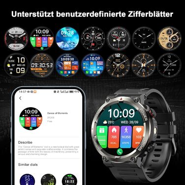 Розумний годинник IOWODO для чоловіків 100 днів роботи від батареї та підсвічування Bluetooth-дзвінки Водонепроникність IP68 та компас Сенсорний екран 1,45 дюйма Понад 100 спортивних режимів Аналіз серцевого ритму та сну Для Android/iOS, чорний