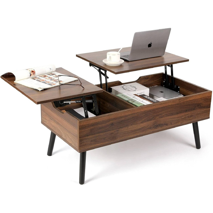 Журнальний столик VOWNER, журнальний столик з регульованою висотою, розсувний, висувний журнальний столик, окреме приховане відділення для зберігання, подвійна підйомна платформа, стіл для вітальні, колір горіх