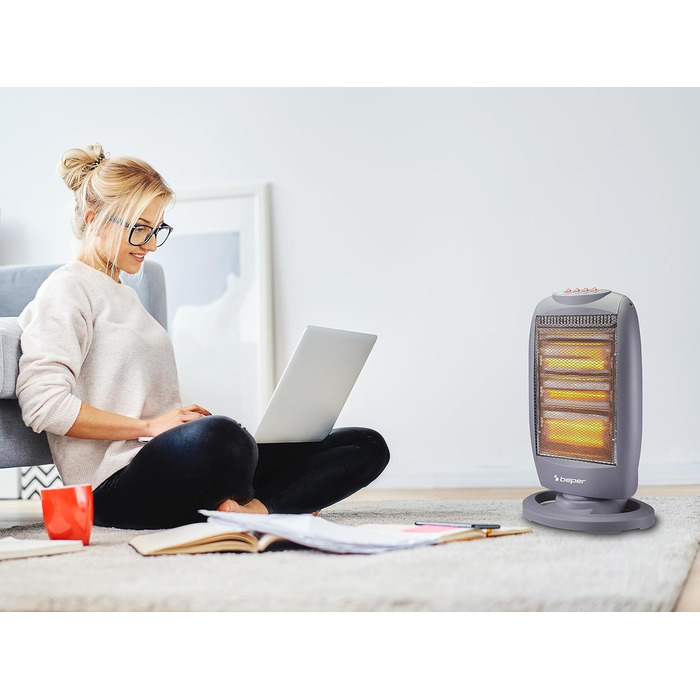 Галогенна нагрівальна панель BEPER P203PAN011, 400/800/1200 Вт, 3 нагрівальні елементи, 3 рівні потужності, автоматичне горизонтальне коливання, функція ECO та автоматичне вимкнення, сіра