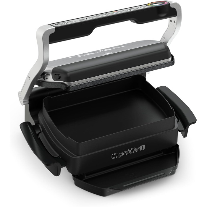 Контактний гриль Tefal OptiGrill & Bake з деком для випікання, 6 програм, індикатор рівня приготування, знімні пластини, електричний гриль, нержавіюча сталь, GC714D10, срібло