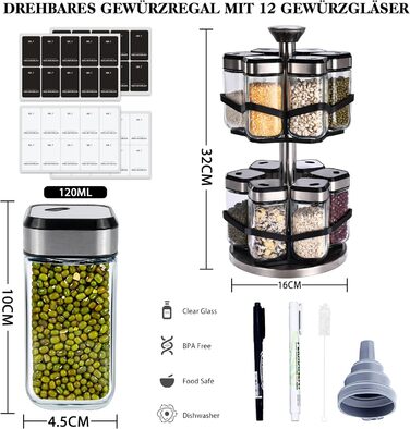 Дворівнева карусель для спецій, що обертається на 360, з 12 банками для спецій об&39ємом 120 мл, годинником на 360 (розмір отвору можна вибрати), обертовою підставкою для спецій, підставкою для спецій з нержавіючої сталі, набір органайзерів для спецій з 1