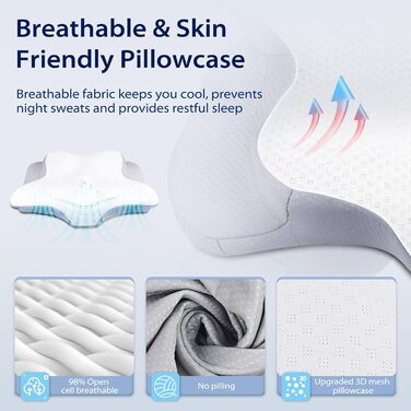Подушка для шиї HOMCA, ергономічна подушка з піни з ефектом пам&39яті, 3D охолоджувальна наволочка для сну на спині, боці або животі, 62 x 41 x 11/13 см сірого кольору