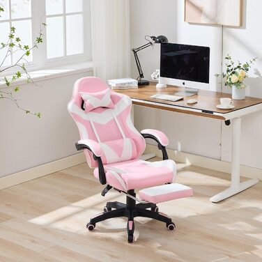 Ергономічне ігрове крісло з функцією масажу та підставкою для ніг регульоване по висоті, підтримка голови та попереку, поворот на 360, вантажопідйомність 150 кг, рожево-білого кольору. Рожево-білий 116,5 x 52,0 x 64,5 см