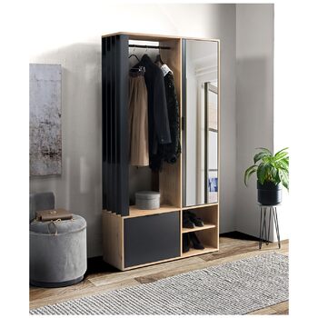 Шафа для передпокою з дзеркалом - Гардеробна шафа - Вузька шафа для передпокою - Комплект меблів для передпокою - Висока шафа для передпокою - Мілано - 100x33x190 см П/Л - Дуб Артісан/Чорний