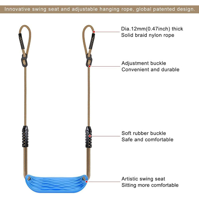 Сидіння гойдалки SELEWARE Garden Games з міцного набору з регульованою мотузкою довжиною 2,04 м і 2 карабінами, міцні гойдалки на