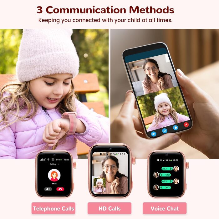 Дитячий смарт-годинник з функцією відеодзвінків та телефону, дитячий годинник з GPS, голосовим чатом, WhatsApp, WiFi, SOS, SMS, шкільним режимом, крокоміром, водонепроникний IP68, будильник, дитячий смарт-годинник для дівчаток/хлопчиків, рожевий