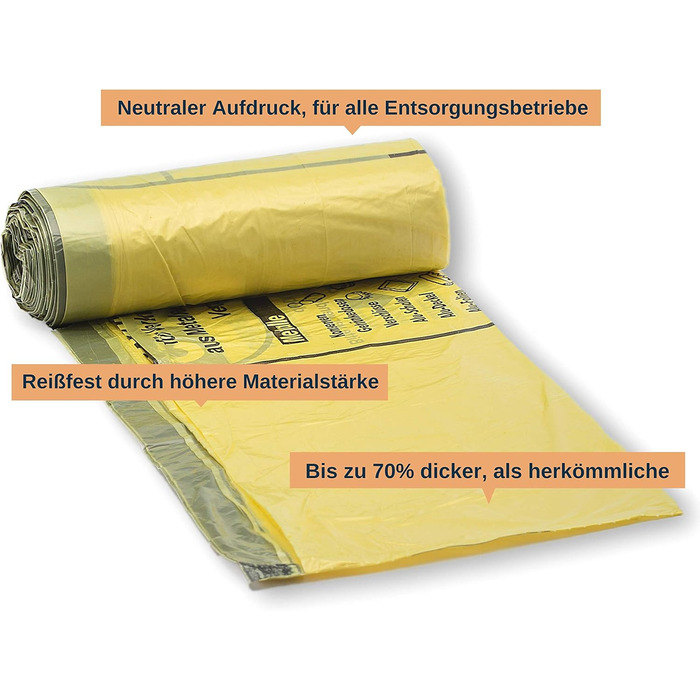Надзвичайно міцні жовті пакети - пакет для переробки зі шнурком, 90 літрів, товщина матеріалу 22 мкм - жовтий пакет (10 рулонів)