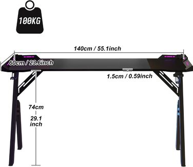 Ігровий стіл зі світлодіодним підсвічуванням, 140 x 60 см, поверхня з карбонового волокна ПК, включає підставку для чашок та гачок для навушників, легке складання, висота 73 см, чорний