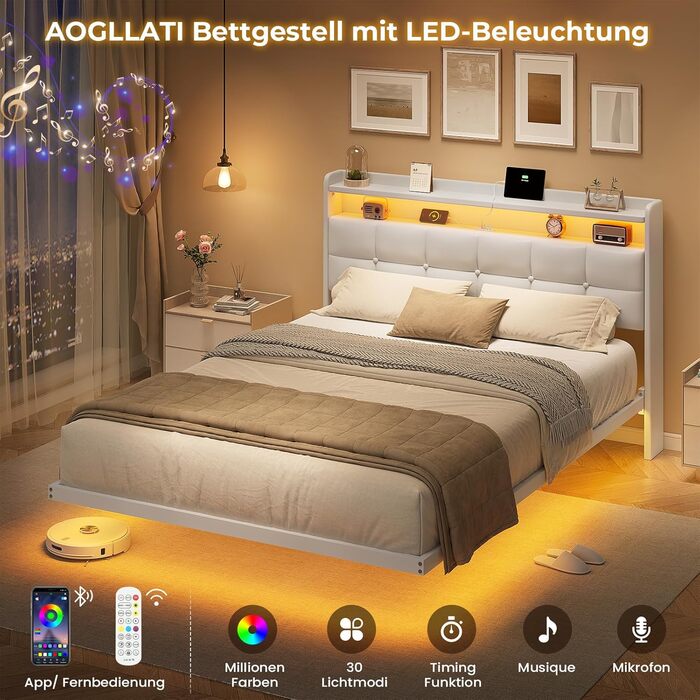 М&39яке ліжко 140x200 см, Ліжко 140 x 200 зі світлодіодним освітленням та зарядною станцією, Каркас ліжка з узголів&39ям, Каркас двоспального ліжка Плаваючий каркас ліжка, Металеве ліжко, ПУ, Сучасне, Біле (без матраца) 140 x 200 см Білий