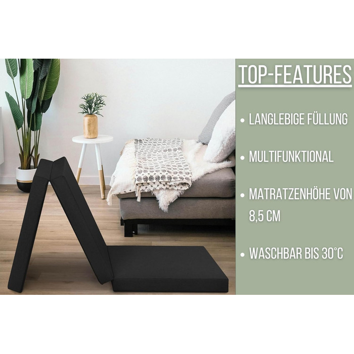 Складаний гостьовий матрац Badenia Trendline з міцним чохлом з мікрофібри, сертифікований Oeko-Tex, спальна поверхня 196 x 65 x 8,5 см, чорний, виготовлено за німецькими стандартами якості, чорний, висота 8,5 см