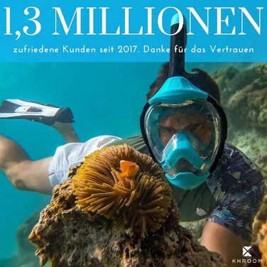 Маска для сноркелінгу Khroom для дорослих та дітей (від 3 років) Безпечна для CO2 Маска для повного обличчя з системою Easy-Breath Альтернативний комплект для сноркелінгу Маска для дайвінгу Seaview Y для дітей до 1,60 метра (S/M) бірюзового кольору