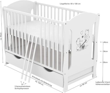 Дитяче ліжечко Baby Delux 60x120 біле ліжечко, що трансформується в дитяче ліжко з висувною шухлядою матрац плюшевий відбійник мот
