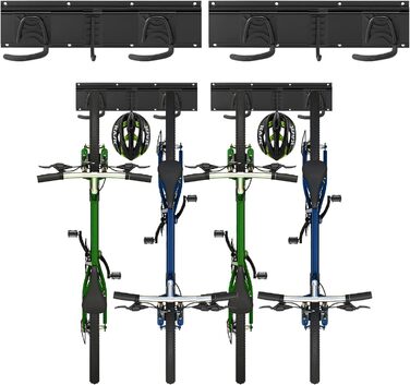 Настінна стійка для велосипеда Sinoer, настінне кріплення для 4 велосипедів 2 шоломи, гачок для зберігання інструментів регульований для гаража або будинку, вертикальна вішалка для велосипеда (внутрішня ширина 90 мм) - 2 рейки 4 велосипеда - 16 дюймів - 2