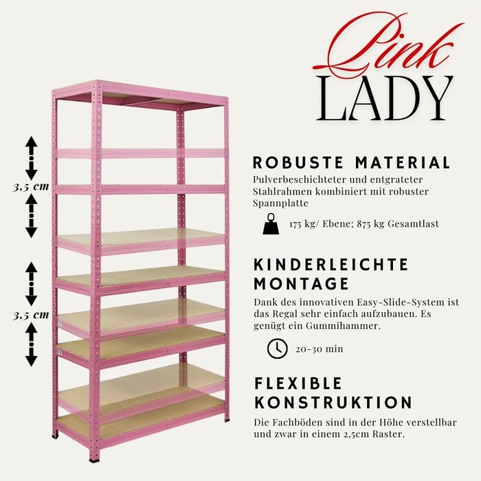 Надміцний стелаж PROREGAL PINK Lady, ВxШxГ 180x90x40 см, вантажопідйомність полиці 175 кг, 5 полиць, рожевий, підвальний стелаж, стелаж без ригелів, гаражний стелаж, стелаж для зберігання 180x90x40 см рожевий