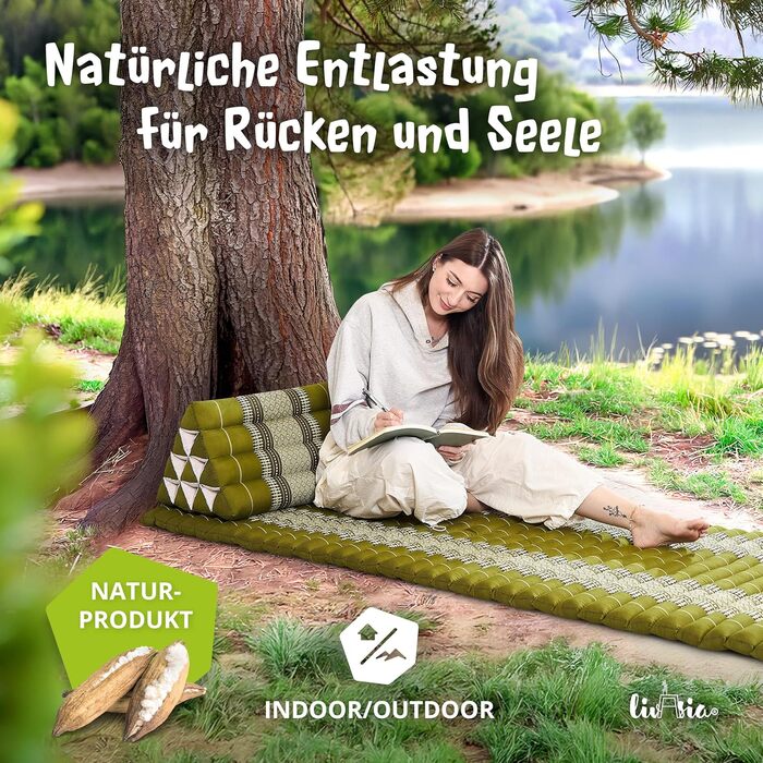 Візерунчаста подушка для спини livasia - 30x50x30 см - Трикутна подушка для саду, клиноподібна подушка з капоком, веганська та ручної роботи, подушка для медитації (зелена)