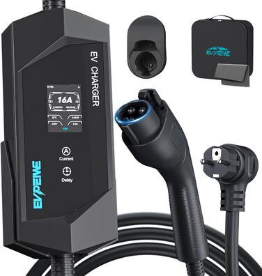 1 Charging Cable Schuko EV Charger 3.68KW, 1 Phase, 5M, Adjustable Current 6-16A Portable Home EVSE Charger for Electric Vehicle SAE J1772, EV Charging Station with Carrying Bag, IP65, 1 Charging Cable Schuko EV Charger 3.68KW, 1 Phase, 5M, Adjustable Cur