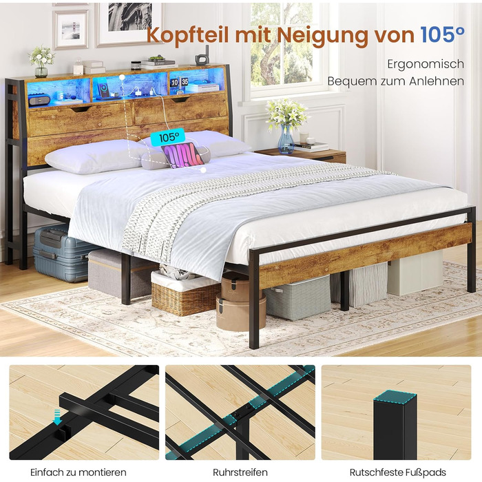 Ліжко 140x200 з металевою рейковою основою, двоспальне ліжко зі світлодіодним підсвічуванням та розеткою, каркас ліжка 140x200 см з дерев&39яним узголів&39ям, 2 шафи з дверима, дитяче ліжко з місцем для зберігання речей, коричневий колір, 140x200 см