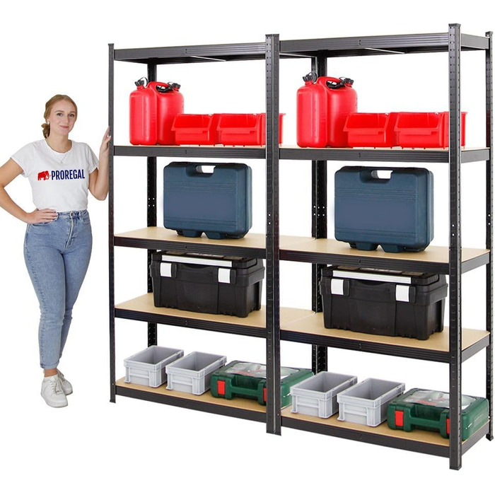 Міцний стелаж Gorilla ВxШxГ 180x90x40 см Вантажопідйомність полиці 175 кг Чорний Стелаж для гаража, стелаж для підвалу, стелаж для майстерні, стелаж для зберігання, стелаж без ригелів, 2 шт. ВxШxГ 180x90x40 см, чорний, 2 шт.