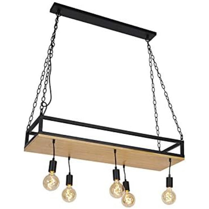 Промисловий I Вінтажний I Промисловий I Вінтажний I Підвісний світильник I Підвісний світильник чорного кольору з деревом, 5 ламп - Полиця I Вітальня I Спальня - Прямокутний I Довгастий - Сумісний зі світлодіодами