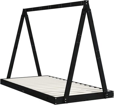 Дитяче ліжко, чорне, 90x190 см, масив сосни, дизайн вігваму, підлогове ліжко з міцними дерев&39яними рейками для вентиляції та стійкості, 199 x 94 x 134 см, чорне