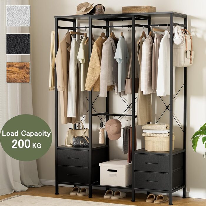 Відкрита шафа, вішалка для одягу, вішалка для пальто з 4 шухлядами, міцна вішалка для одягу, для спальні, вітальні, передпокою, чорна