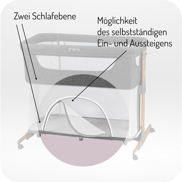 Дитяче ліжечко Momi SMART Bed 4-в-1 до 15 кг, приліжкове ліжечко для немовлят з матрацом, регульована висота, сірого кольору, одномісне