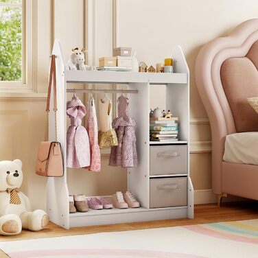 Дитяча шафа COSTWAY з дзеркалом, вішалка для дитячого одягу з рейкою для одягу, 2 шухляди для тканини та гачки, дерев&39яна дитяча шафа з полицями, для дитячої кімнати, 81 x 38 x 107 см (білий) 81 x 38 x 107 см білий