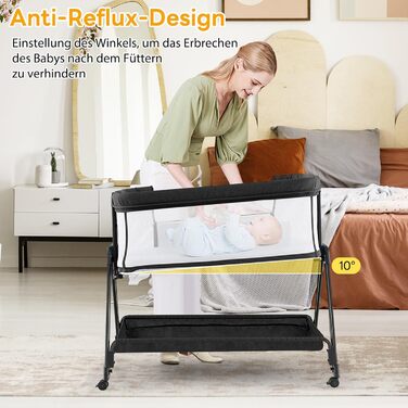 Дитяче ліжечко DREAMADE, 7-рівневе регульоване по висоті дорожнє ліжечко з матрацом та колесами, складне дитяче ліжечко з регульованим кутом нахилу, для дітей 0-6 місяців та вагою до 9 кг (темно-сіре)