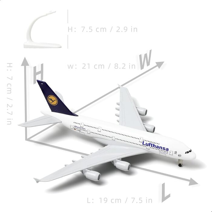 Металева модель літака Lufthansa A380 масштабу 1/300 з підставкою (7,5 дюймів), підходить для авіаційних ентузіастів як подарунок або декорація для виставки. 01. Lufthansa