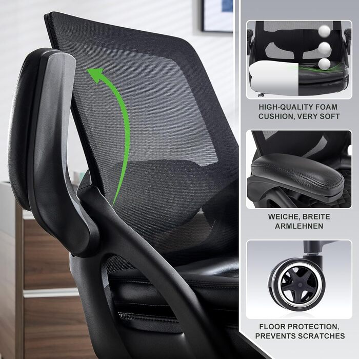 Офісний стілець, стілець для столу, обертовий стілець із сітчастою оббивкою, ергономічний, поперекова підтримка, сидіння 72 см, складні підлокітники, для офісу, домашнього офісу, кабінету, чорний