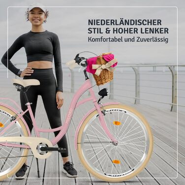 Велосипед Milord Comfort з плетеним кошиком, голландський велосипед, жіночий велосипед, міський велосипед, вінтажний, 28 дюймів, рожево-кремовий, 7 швидкостей