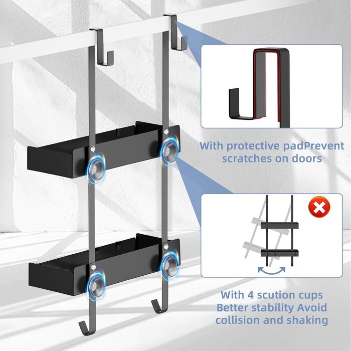 Підвісна полиця для душу, органайзер для скляних душових дверей, тримач для шампуню, кошик для душу без свердління, чорний, з 8 гачками, нержавіюча сталь 65.5x30x11.2 см