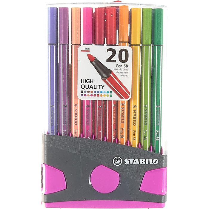 Фломастер преміум-класу - STABILO Pen 68 ColorParade - 20 серветок в - з 20 різними кольорами (антрацитовий/рожевий з підвісним язичком)