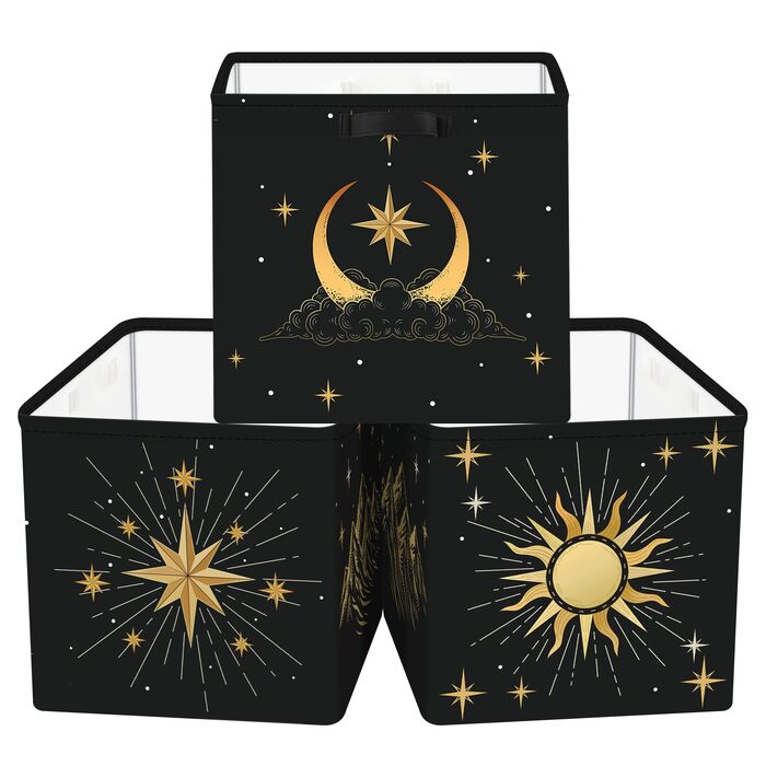 Коробка для зберігання 30 см, 3 шт. и, кошик для зберігання &quotСонце та місяць&quot, небесний, дитячий, складний, сучасний, середини століття, з ручками, куб-органайзер для зберігання іграшок, книг та одягу, чорно-золотистий