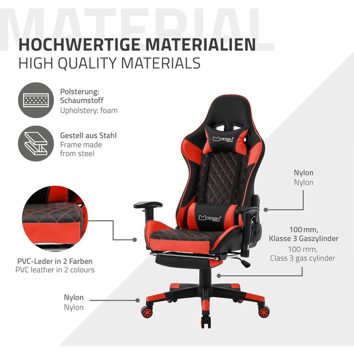 Ігрове крісло ML-Design з підставкою для ніг, червоне, штучна шкіра, ергономічне офісне крісло з підлокітниками, підголівником, поперековою подушкою, регульованим поворотним кріслом, високою спинкою, гоночне ігрове крісло, робоче крісло