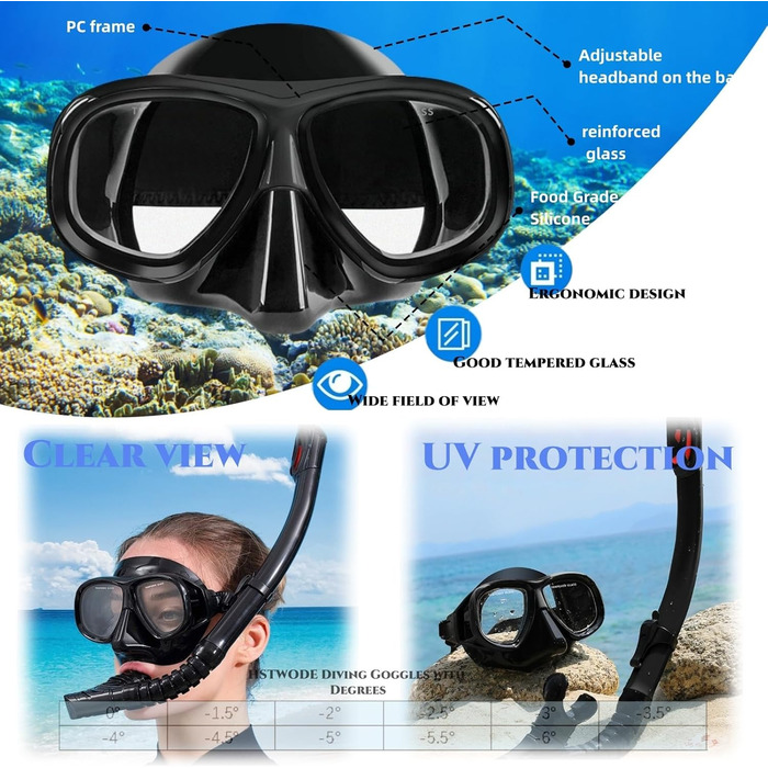 Набір для снорклінга з лінзами для корекції зору, діоптрій від 0 до -6, комплект для дорослого снорклінга з маскою для дайвінгу з захистом від запотівання та сухим снорклінгом, комплект для дорослого снорклінга чорного кольору -3.5