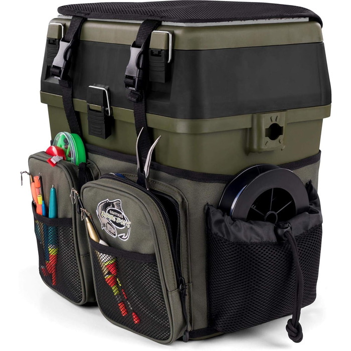 Скринька для рибальських снастей, рибальська сумка, м&39яка скринька для сидіння з функцією сидіння, скринька для снастей з функцією рюкзака та прикріпленими кишенями - включаючи 4 скриньки для рибальських аксесуарів, колір темно-зелений