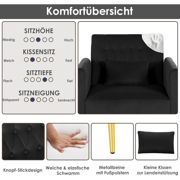 Крісло з відкидною спинкою та підставкою для ніг, 2 зарядні порти, зручне крісло для відпочинку, крісло для читання у вітальні, крісло для телевізора, м&39яке крісло, крісло-реклайнер, вантажопідйомність до 159 кг, оксамит (чорний)