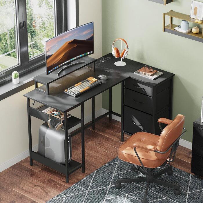 Г-подібний кутовий письмовий стіл DEVAISE 12380 см з 3 шухлядами, стіл з USB-портом та підставкою для монітора, комп&39ютерний стіл із місцем для зберігання для домашнього офісу, чорний.